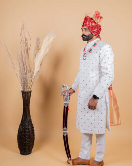 Alluring White Floral Thread Embroidered Sherwani for Men