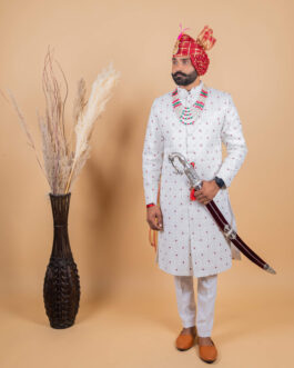 Alluring White Floral Thread Embroidered Sherwani for Men