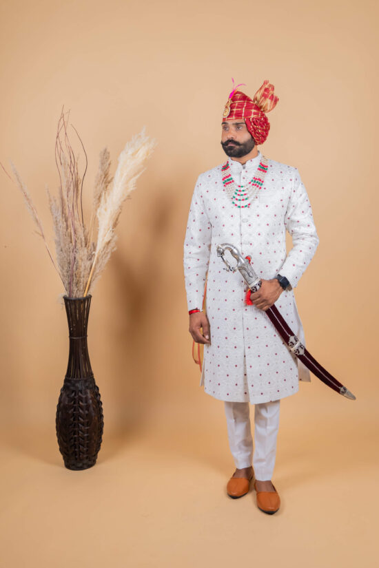 Alluring White Floral Thread Embroidered Sherwani for Men