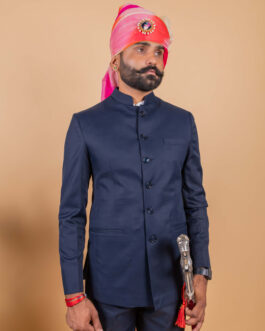 Navy Blue Jodhpuri Bandhgala Suit For Men