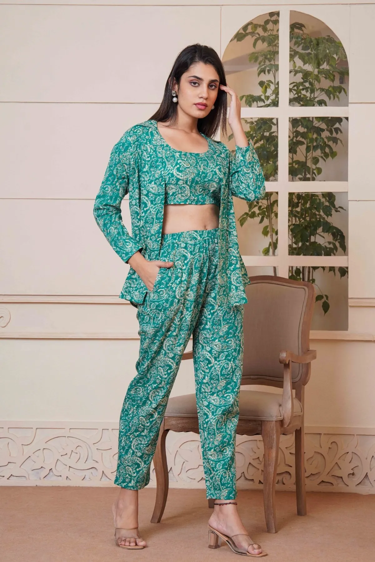 Kalamkari Green Printed Short Top, Pant and Jacket Co-Ord Set - Image 3