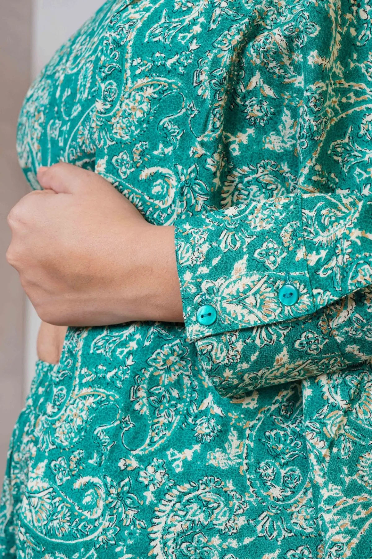 Kalamkari Green Printed Short Top, Pant and Jacket Co-Ord Set - Image 6