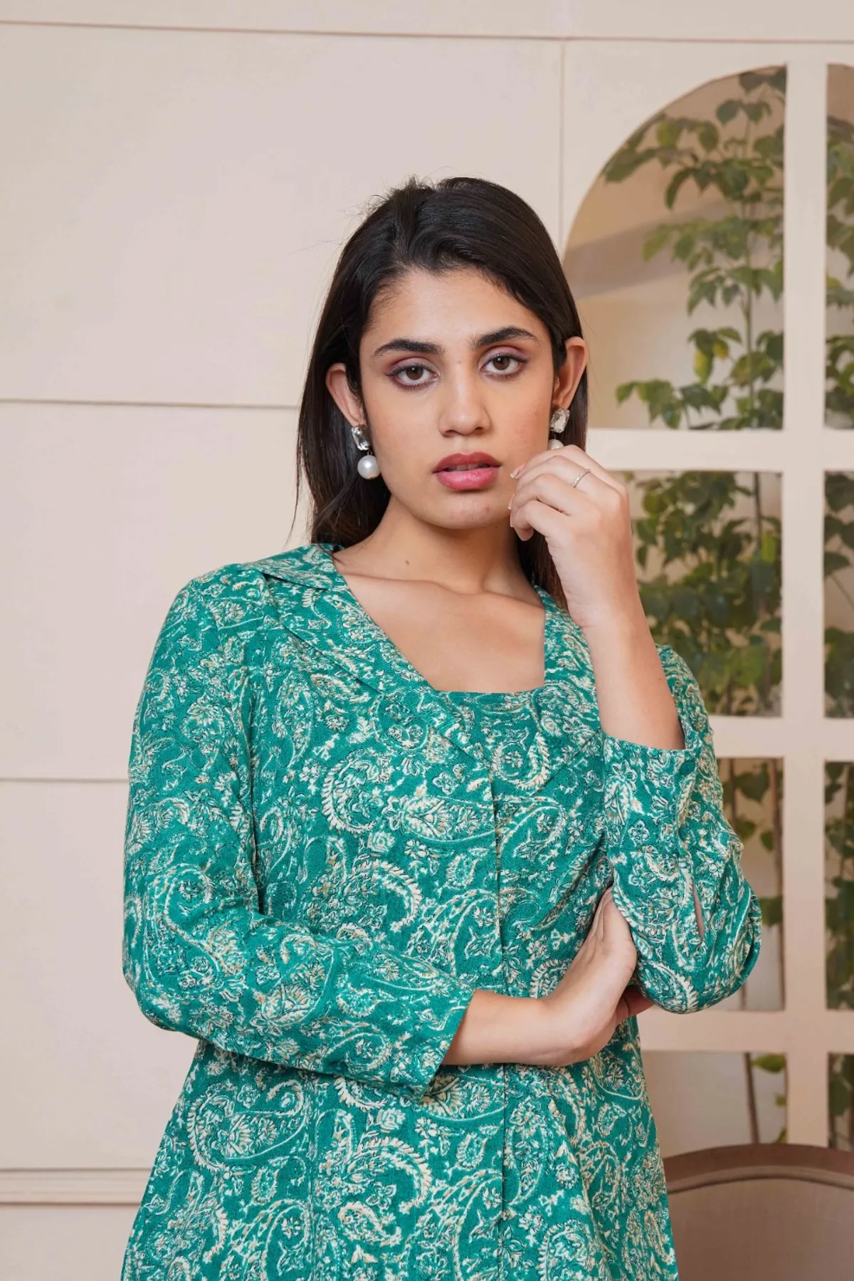 Kalamkari Green Printed Short Top, Pant and Jacket Co-Ord Set - Image 7