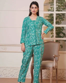 Kalamkari Green Printed Short Top, Pant and Jacket Co-Ord Set