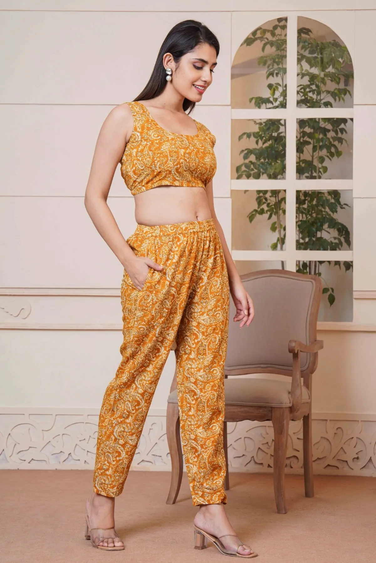 Kalamkari Mustard Printed Short Top, Pant and Jacket Co-Ord Set - Image 3