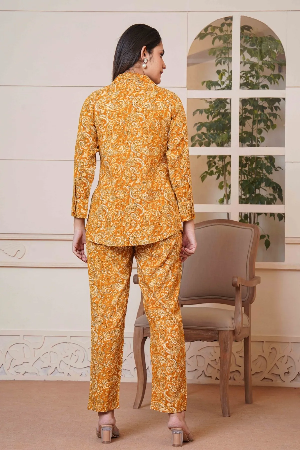 Kalamkari Mustard Printed Short Top, Pant and Jacket Co-Ord Set - Image 4