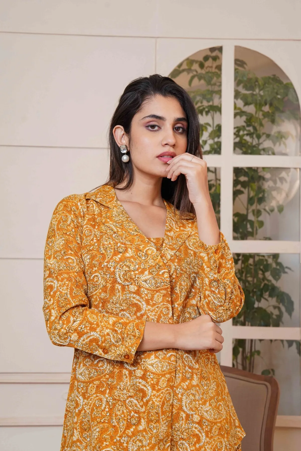 Kalamkari Mustard Printed Short Top, Pant and Jacket Co-Ord Set - Image 6