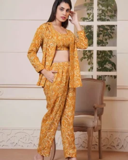 Kalamkari Mustard Printed Short Top, Pant and Jacket Co-Ord Set