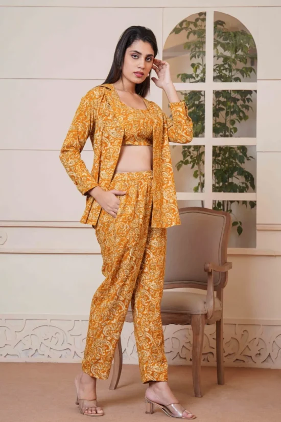 Kalamkari Mustard Printed Short Top, Pant and Jacket Co-Ord Set - Image 2