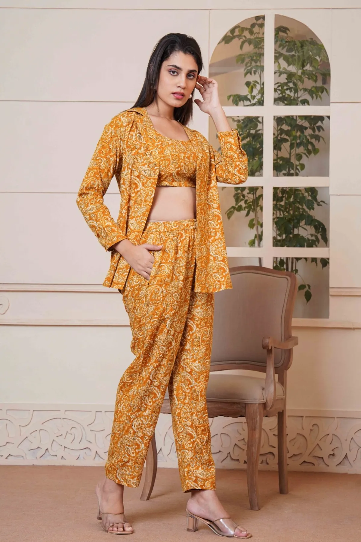 Kalamkari Mustard Printed Short Top, Pant and Jacket Co-Ord Set - Image 2