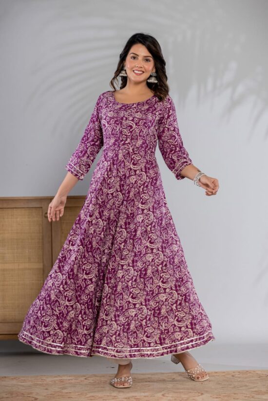 Purple Trendy Reyon Printed Ethnic Gown with Pants - Image 4