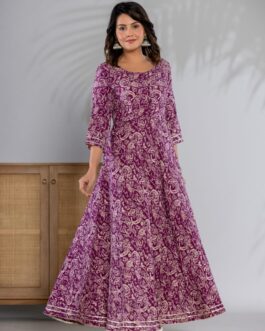 Purple Trendy Reyon Printed Ethnic Gown with Pants