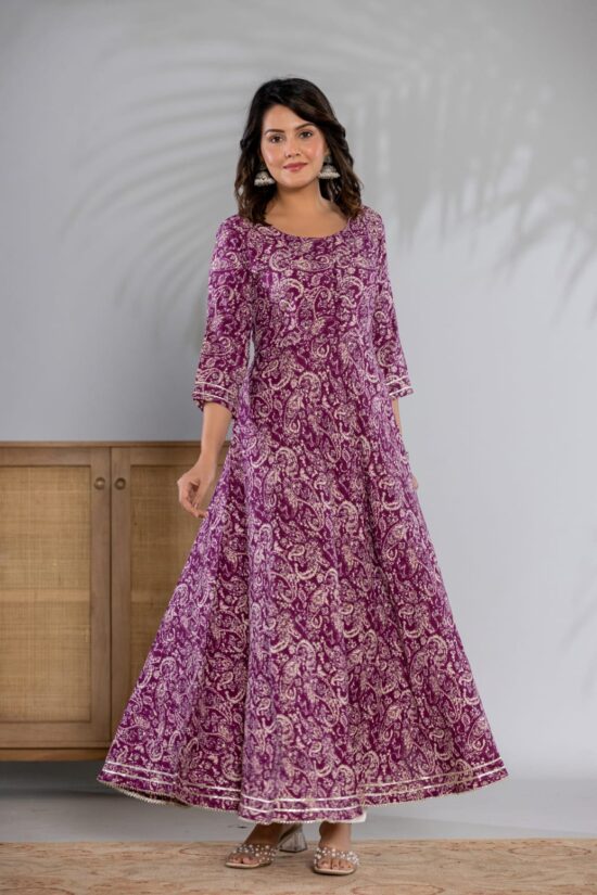 Purple Trendy Reyon Printed Ethnic Gown with Pants