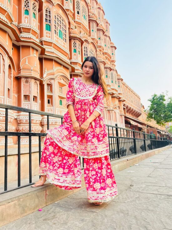 Pink Floral Cotton Kurti with Sharara