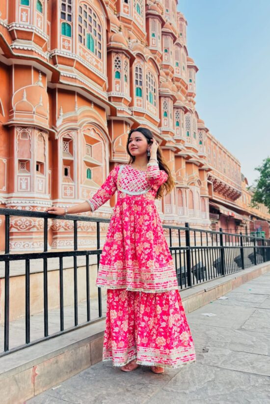 pink floral kurti set with sharara