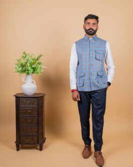 Men’s Blue Check Collared Rajputana Jacket