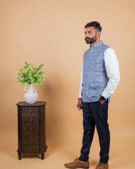 Men’s Blue Check Collared Rajputana Jacket
