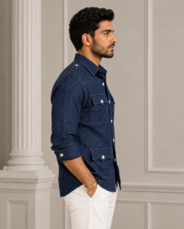 Navy Blue 4 Pocket Jodhpuri Hunting Shirt for Men