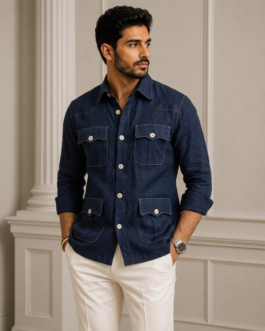 Navy Blue 4 Pocket Jodhpuri Hunting Shirt for Men