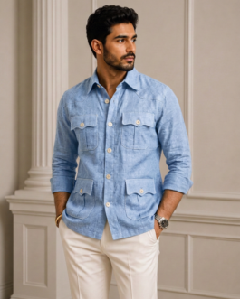 Sky Blue 4 Pocket Jodhpuri Hunting Shirt for Men
