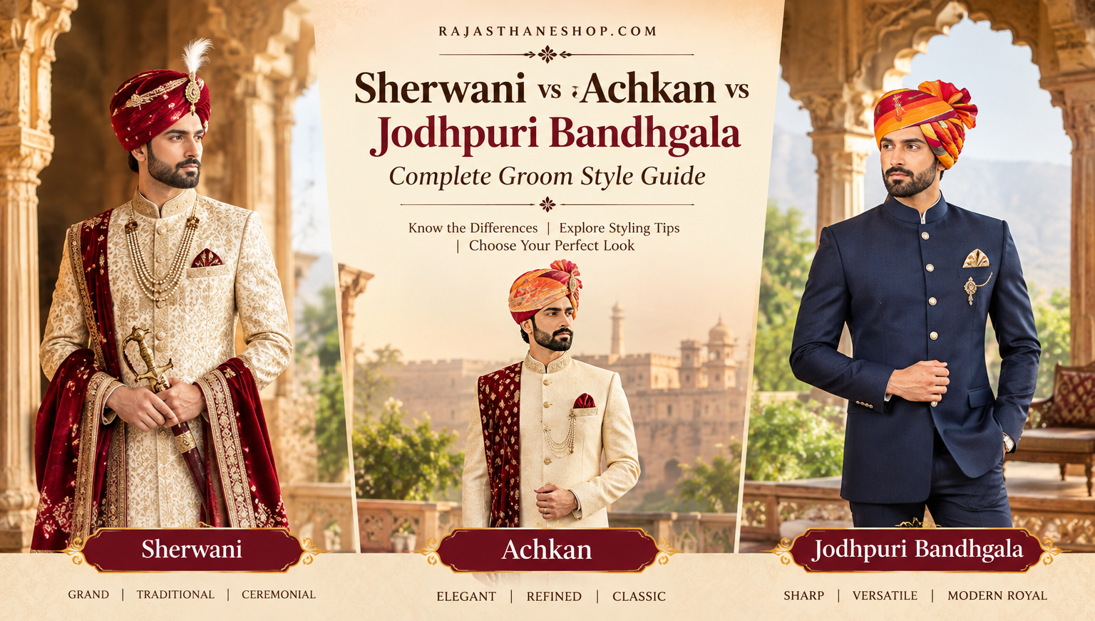 You are currently viewing Sherwani vs Achkan vs Jodhpuri Bandhgala: Complete Groom Style Guide